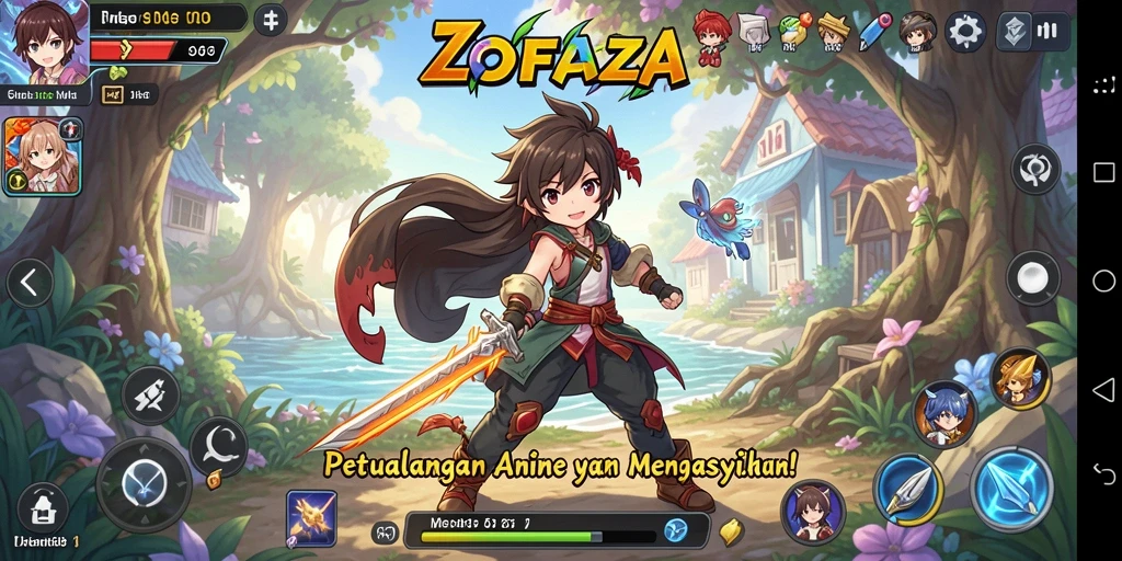 Tampilan gameplay ZOFAZA dengan karakter anime beraksi.